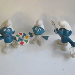 Original Smurf Figurines set of 3 Artist, Writer 1970s 1980s Vintage collectible
